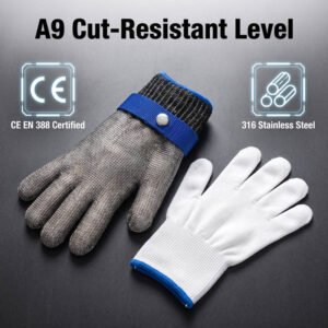 ANSI A9 Cut Resistant Glove for Kitchen & Construction, Food Grade 316 Stainless Steel Mesh Glove