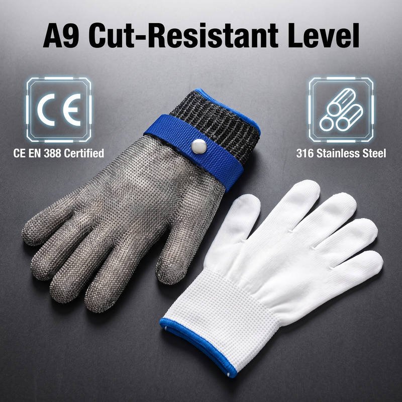 ANSI A9 Cut Resistant Glove for Kitchen & Construction, Food Grade 316 Stainless Steel Mesh Glove