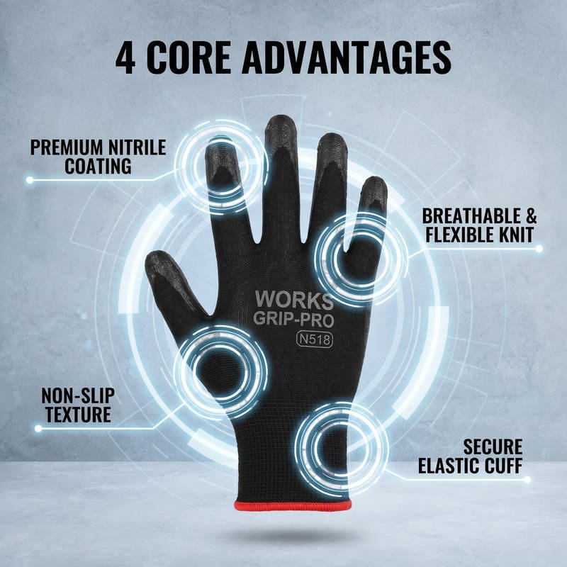 Abrasion Resistant Nitrile Grip Gloves, 13G Seamless Polyester Shell, Ultra Breathable Heavy Duty Construction Safety - Image 7
