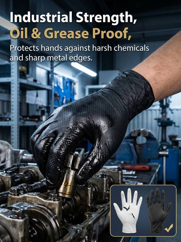 Heavy-Duty 6 Mil Nitrile Gloves, Diamond Texture Grip, Chemical & Oil Resistant Industrial Work Gloves, Mechanic Garage Repair - Image 3