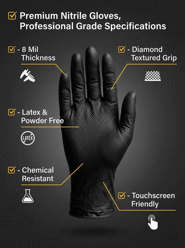 Heavy-Duty 6 Mil Nitrile Gloves, Diamond Texture Grip, Chemical & Oil Resistant Industrial Work Gloves, Mechanic Garage Repair - Image 6