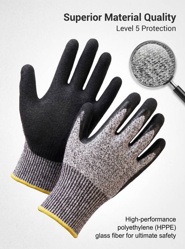ANSI A5 Cut Resistant Gloves, Double Coated Nitrile Micro-Foam, Oil & Water Proof Grip, Carpentry & Wood Carving