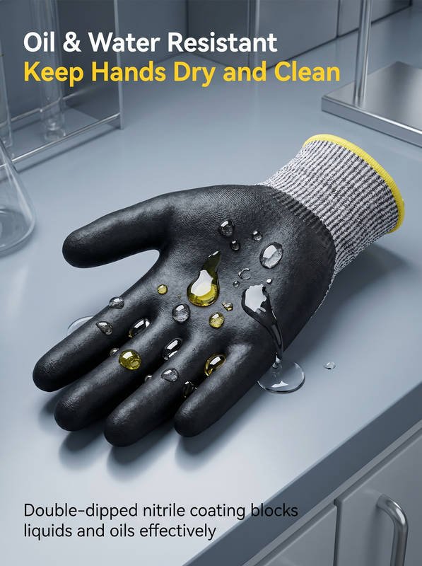 ANSI A5 Cut Resistant Gloves, Double Coated Nitrile Micro-Foam, Oil & Water Proof Grip, Carpentry & Wood Carving - Image 4