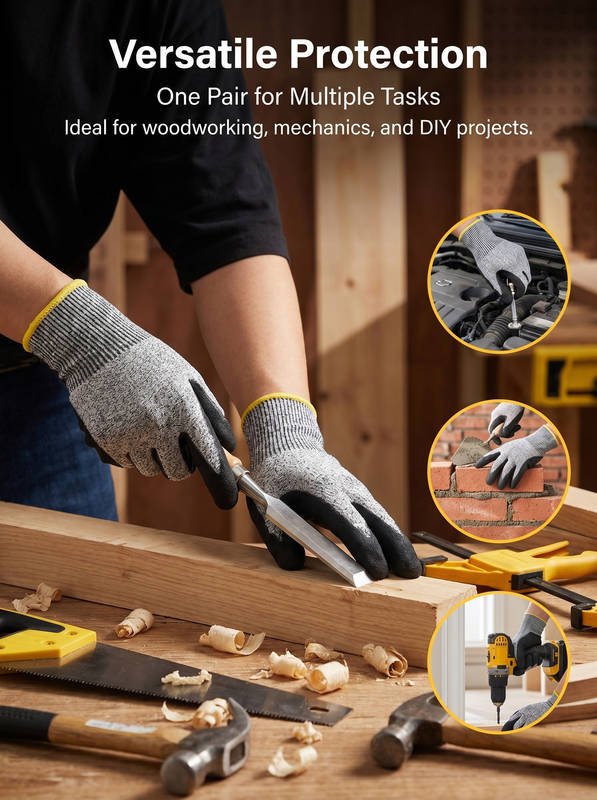 ANSI A5 Cut Resistant Gloves, Double Coated Nitrile Micro-Foam, Oil & Water Proof Grip, Carpentry & Wood Carving - Image 6