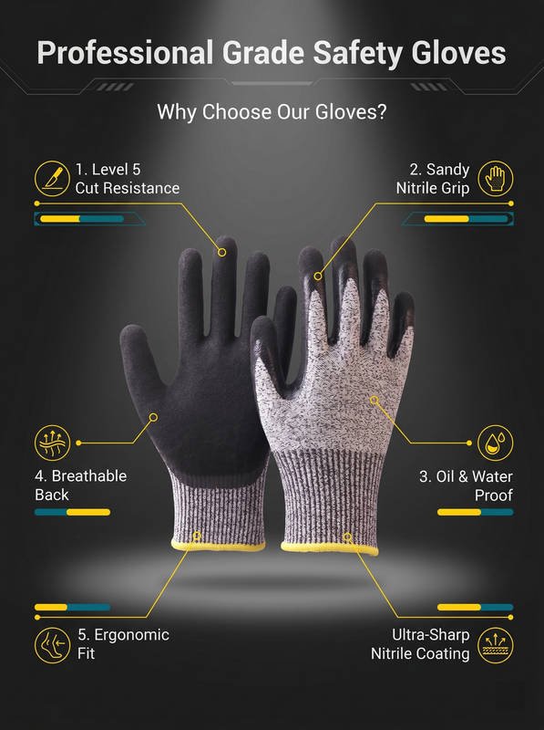 ANSI A5 Cut Resistant Gloves, Double Coated Nitrile Micro-Foam, Oil & Water Proof Grip, Carpentry & Wood Carving - Image 7