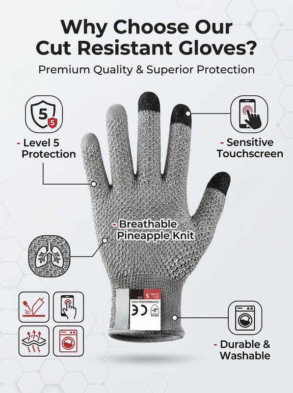 Cut Resistant Gloves Level 5, Touchscreen HPPE Work Gloves Breathable Comfort - Image 6