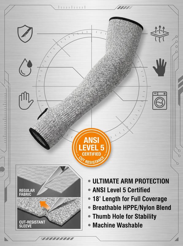 Cut Resistant Arm Sleeves - Level 5 Cut Protection, Breathable & Comfortable
