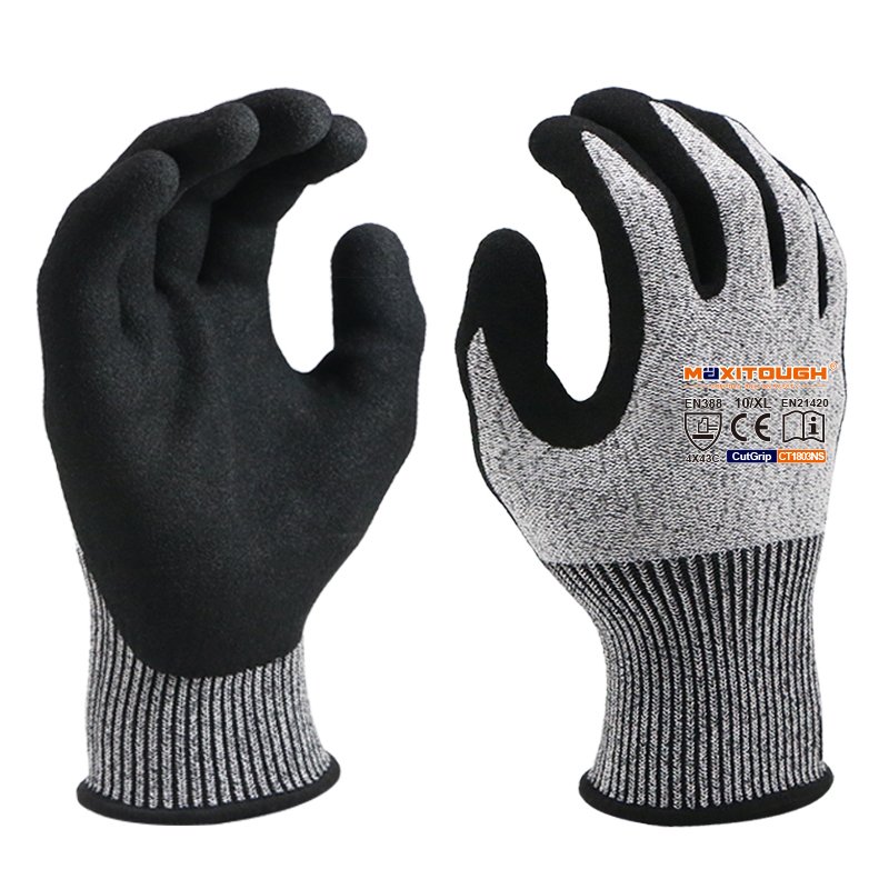 MaxiTough High Grip 13g HPPE Anti-Cut Safety Gloves HPPE Nitrile Sandy Non-slip Durable Glass Handling Work Safety Gloves